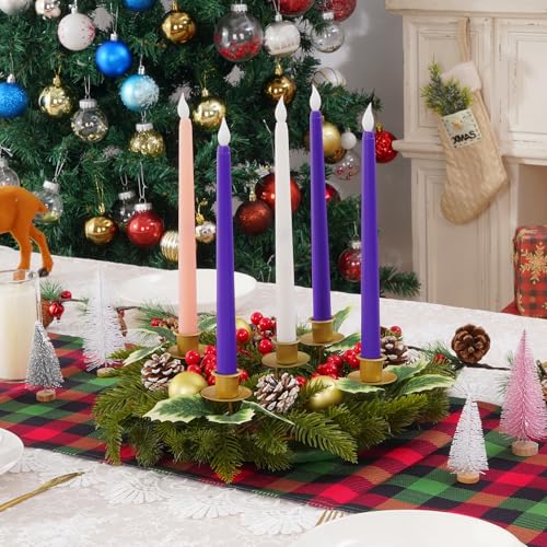 Waipfaru Green Christmas Advent Wreath Set with Flameless Candles, 12 Inch Holiday Centerpiece