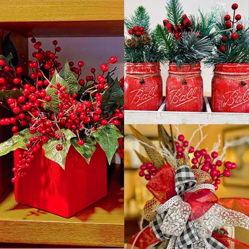 60 Pack Artificial Red Berry Stems 8.9in Christmas Picks Holly Branches for Christmas Tree Decor, DIY, Wedding
