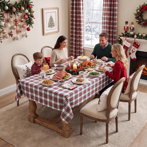Softalker Christmas Plaid Tablecloth Rectangle 60 x 102 inches, Red & White Festive Decor