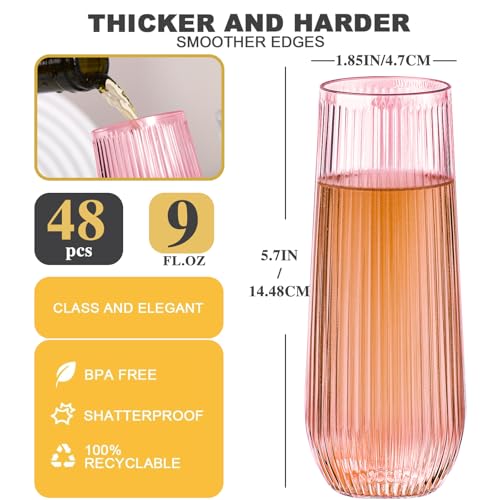 48 Pack Pink Ribbed Plastic Champagne Flutes - Stemless Disposable 9 Oz Shatterproof Recyclable BPA-Free for Weddings & Parties