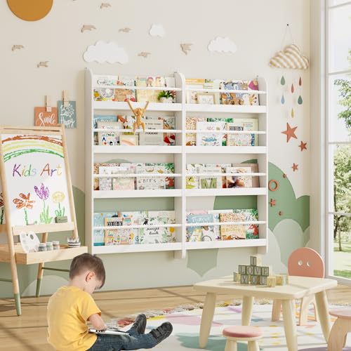 4-Tier Wall-Mounted Kids Bookshelf and Toy Storage Organizer, White