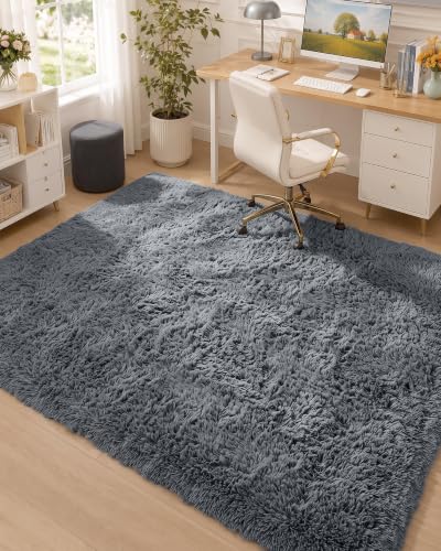 OLANLY 4x5.9 ft Grey Machine Washable Shaggy Area Rug - Soft Bedroom & Living Room Carpet