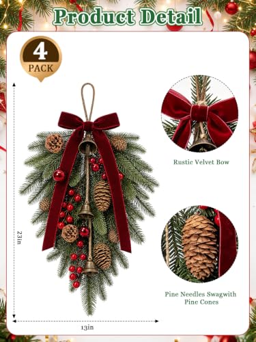 Sariiraw 4 Pack 23in Christmas Teardrop Swag - Artificial Norfolk Pine with Pinecones & Red Berries