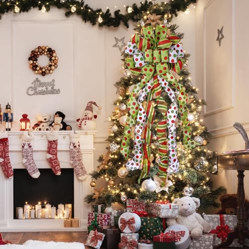 Large Green & Red Dot Christmas Tree Topper Bow, Wired Ribbon (45" x 13")