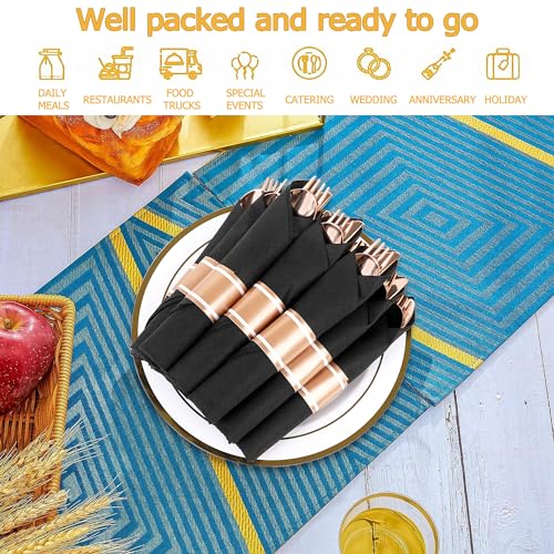 50 Pack Rose Gold & Black Plastic Silverware Set with Napkins - Disposable Party Utensils