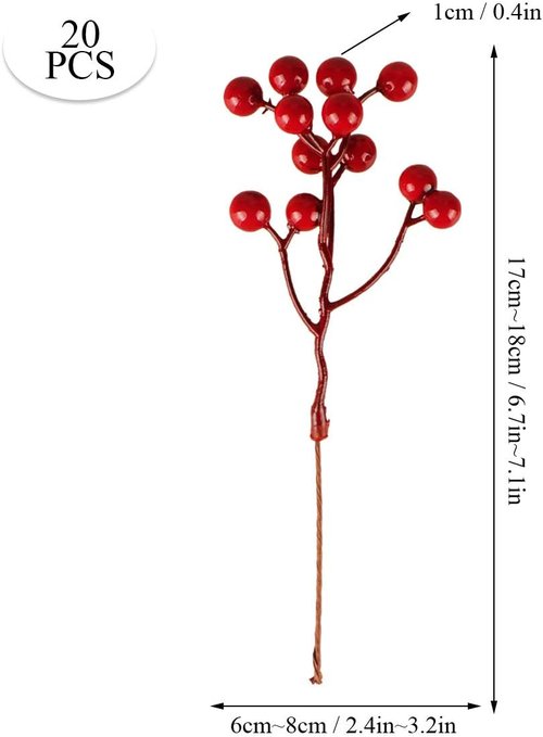 Fangoo 20 Pack Red Berry Picks - 7 Inch Burgundy Stems for Christmas Tree & Holiday Decor