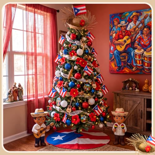 Irenare Puerto Rico Christmas Tree Decor Kit with Flag Skirt & Toppers, 35.4 Inch