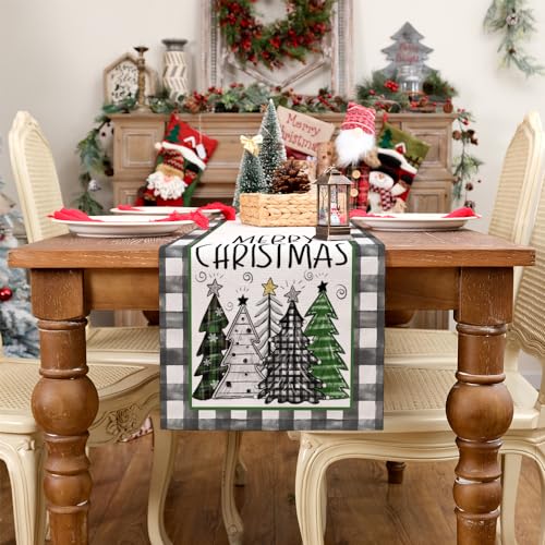 ARKENY Merry Christmas Buffalo Plaid Table Runner 13x72in - Green, Indoor/Outdoor