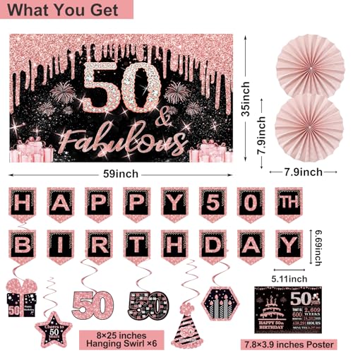 50th Birthday Decorations Kit for Women, Rose Gold Party Supplies Set