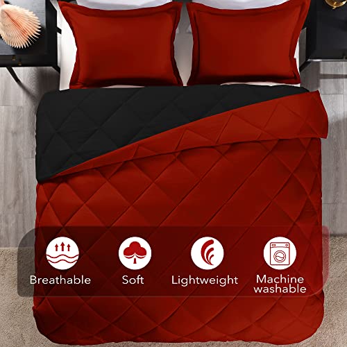 King Size Reversible Comforter Set - 3-Piece Red & Black Bedding with Shams