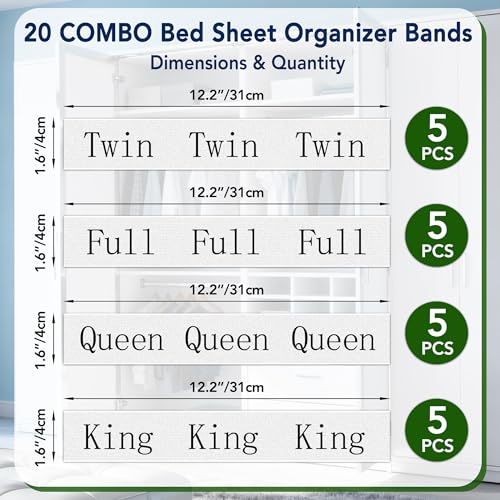 20-Pack Elastic Bed Sheet Organizer Bands with Printed Size Labels