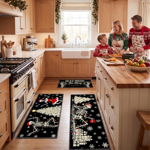 Skeleton Christmas Kitchen Rugs - 28x16/35x16/47x16 Inches, Dead Inside But Merry, Dark Humor Santa Skeleton Mats (Variation: Christmas Skeleton)