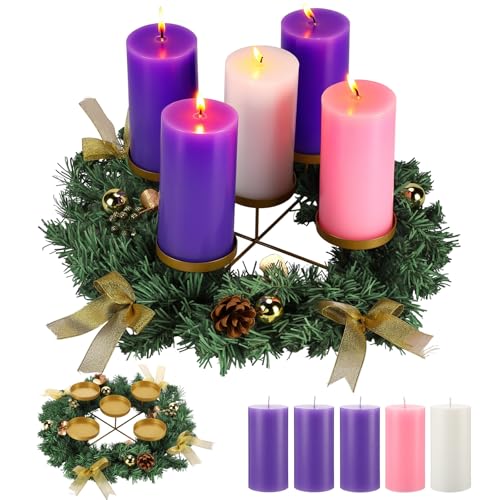 Christmas Advent Wreath Candle Holder with 5 Candles - Rustic Holiday Decor