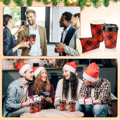 Maxcheck 100 Pack Christmas Cups with Lids 12 oz Red Black Buffalo Plaid Holiday
