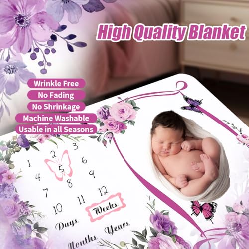 NCTDSUKAY Milestone Blanket for Baby Girl (Purple 60x40 Inches), with Photo Aid Frame, Saliva Towel, Erasable Writing Board, Hair Band, Documenting Growth。