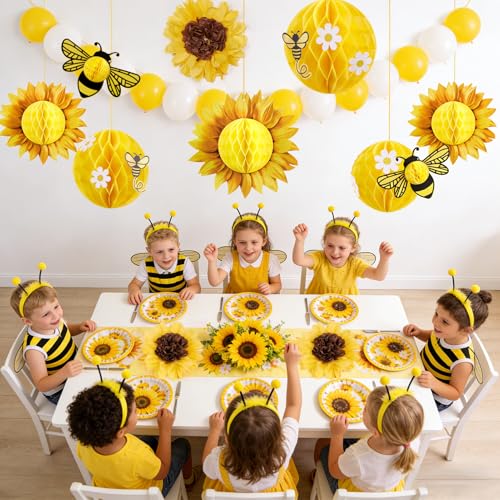 Sunflower and Bee Honeycomb Hanging Decorations, 3D Tissue Paper Party Decor
