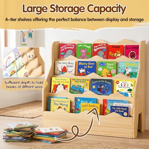 4-Tier Wooden Kids Bookshelf, Front-Facing Montessori Book Organizer