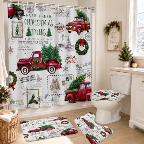 Christmas Red Truck Bathroom Set with Shower Curtain and Rugs - Holiday Decor, 72x72 (Variation: Christmas-6)