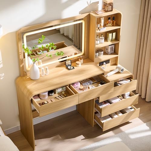 50" Modern Makeup Vanity Desk with LED Mirror, 5 Drawers & Charging Station