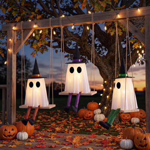 Halloween Light Up Swinging Ghost Decor - Set of 3 Hanging Ghosts with Remote