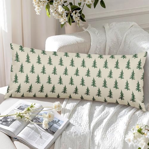 Aytipun 14x36 Green Cream Christmas Pillow Cover - Tree Print, Pack of 1