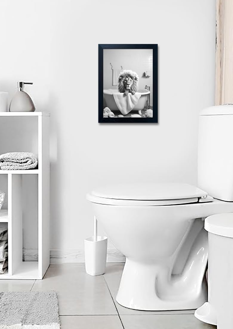 Regine Switzerland Black and White Lion Canvas Wall Art - Funny Bathroom Decor | Framed Animal Print