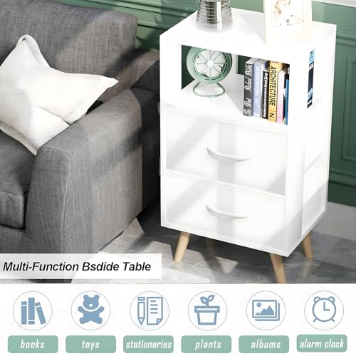 3-Tier Modern Nightstand with Fabric Drawers, White Wooden Side Table