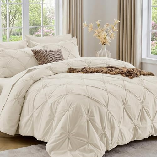 7-Piece Queen Comforter Set Bed in a Bag - Pintuck Bedding Set, Beige