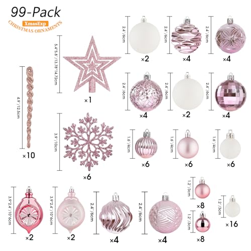 Baby Pink Christmas Ornaments Set 99pcs - Shatterproof Ball & Snowflake Decor for Tree, Home, Wedding