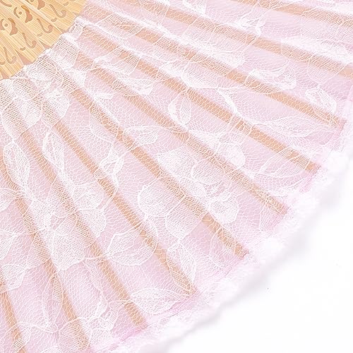 Pink Lace Handheld Bamboo Folding Fan with Tassel for Weddings and Parties