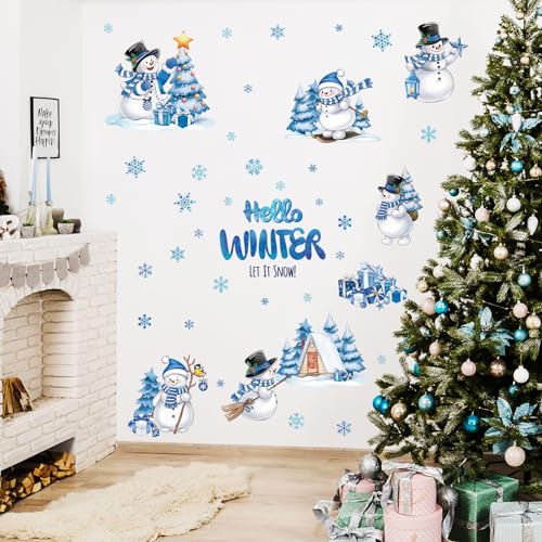 Christmas Snowman Wall Decals Set – Blue & White Hello Winter Window Clings, Removable Snowflake Decor