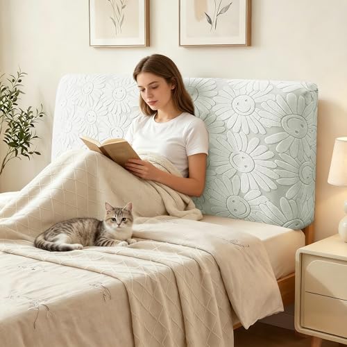 Stretch Bed Headboard Cover - Soft Jacquard Protector, Light Gray, Queen Size