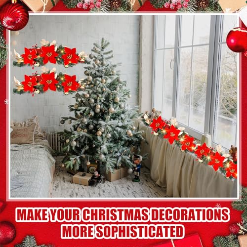 30-Inch Pre-Lit Christmas Window Swags with Red Poinsettias - 4 Pack