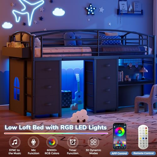 Twin Low Loft Bed with Desk, Storage Drawers, LED Lights & Play Curtain