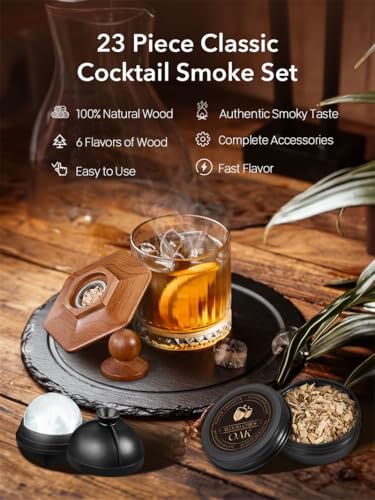 Whiskey Smoker Kit with Torch, 12 Wood Chips, Ice Ball Molds, Cocktail Infuser, Gifts for Men