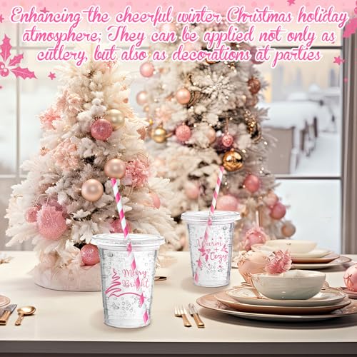 Sliner 180 Pcs Christmas Cups with Lids & Straws - 60 Sets, Rose Red/Classic