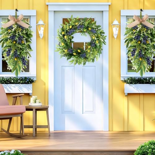 3-Piece Artificial Eucalyptus and Olive Wreath Set for Front Door Decor