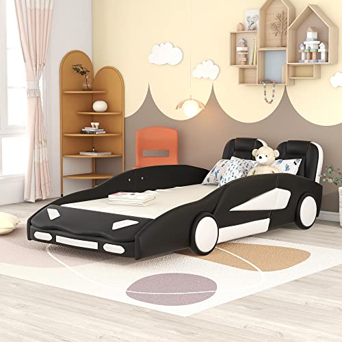 Race Car Twin Platform Bed with Wheels - Sturdy Wood Kids Bed Frame