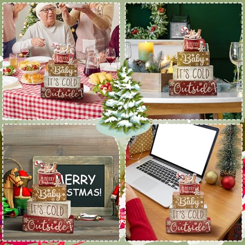 Moucuny Christmas Hot Cocoa Wood Sign & Book Decor Set - Indoor Holiday Tabletop Decorations