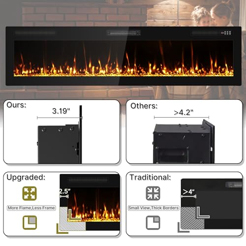 72-Inch Ultra Thin Electric Fireplace Wall Mounted Slim Insert