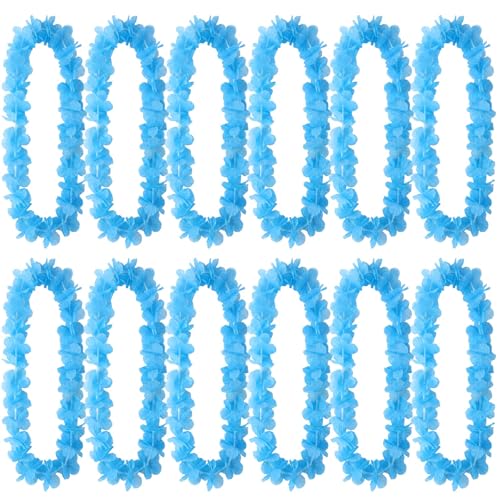 12-Piece Hawaiian Lei Flower Necklace Set - Sky Blue Tropical Party Favors