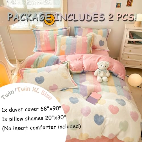 Pink Rainbow Twin Duvet Cover Set, Fluffy Shaggy Bedding for Kids Girls