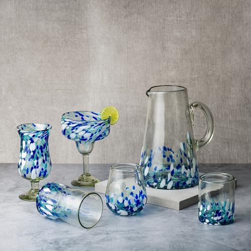 Bahia Hurricane Glass Set of 6 - Handblown Mexican Recycled Glassware with Blue & White Confetti