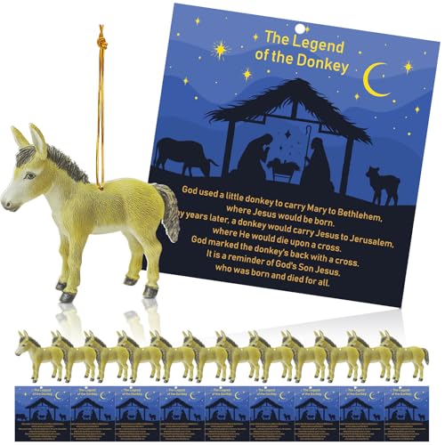 Religious Donkey Legend Christmas Ornaments Set - 12 Acrylic Holiday Decorations with Story Cards