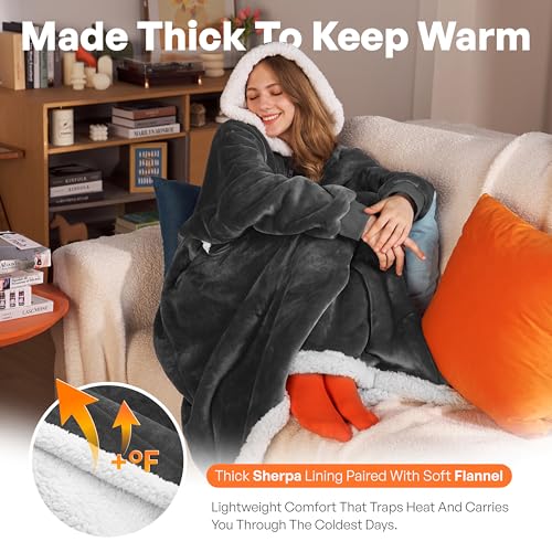 Sherpa Fleece Wearable Blanket Hoodie with Pockets - Cozy Dark Grey