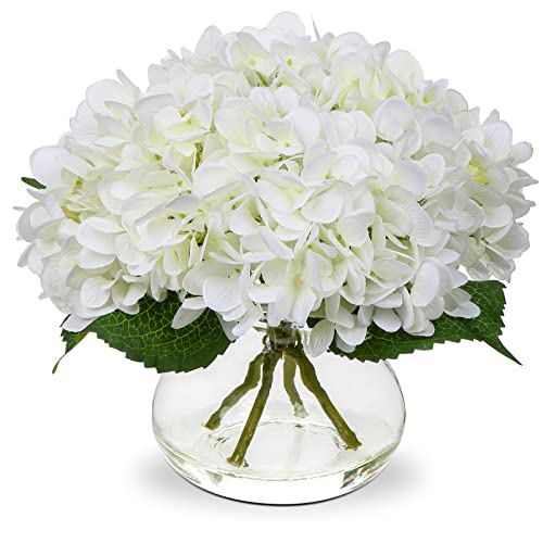 White Silk Hydrangea Artificial Flowers in Glass Vase with Faux Water