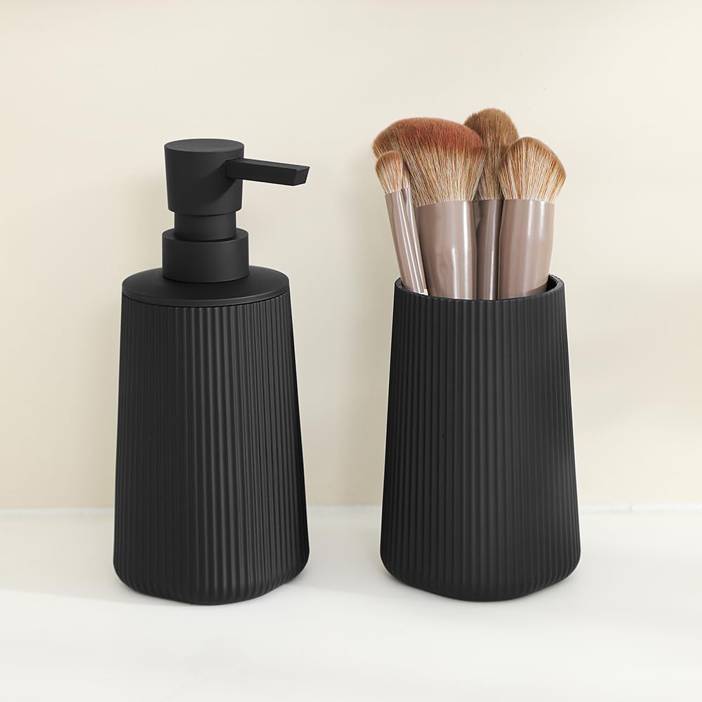 YAUKPH Bathroom Accessories Set - 2-Piece Soap Dispenser & Toothbrush Holder | Striped Black Design