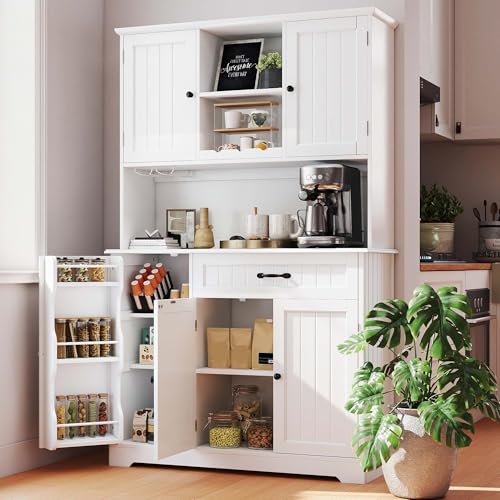 67" Tall Kitchen Pantry Cabinet with Coffee Bar Hutch & Storage - White