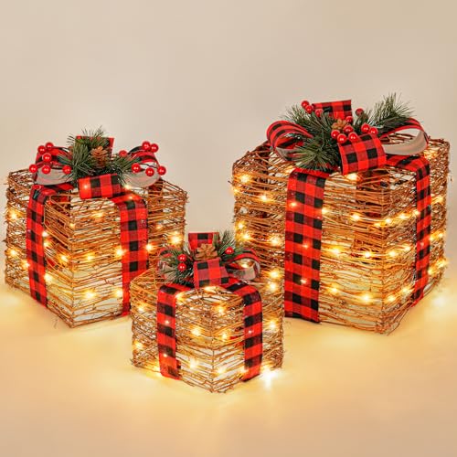 Christmas Gift Box Set with LED Lights, Rustic Rattan Decor, 3 Sizes