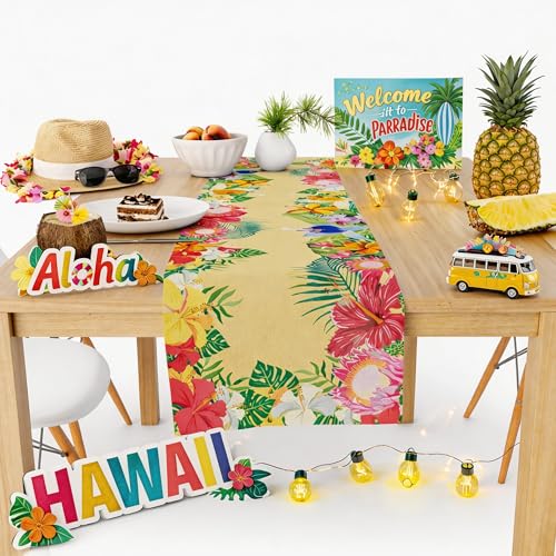 Tropical Hibiscus Palm Leaf Table Runner - 73-Inch Luau Party Decor